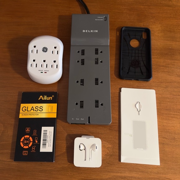 BELKIN POWER STRIP, GE WALL POWER, APPLE EARBUDS, iPHONE XS MAX CASE/PROTECTOR - Picture 1 of 7